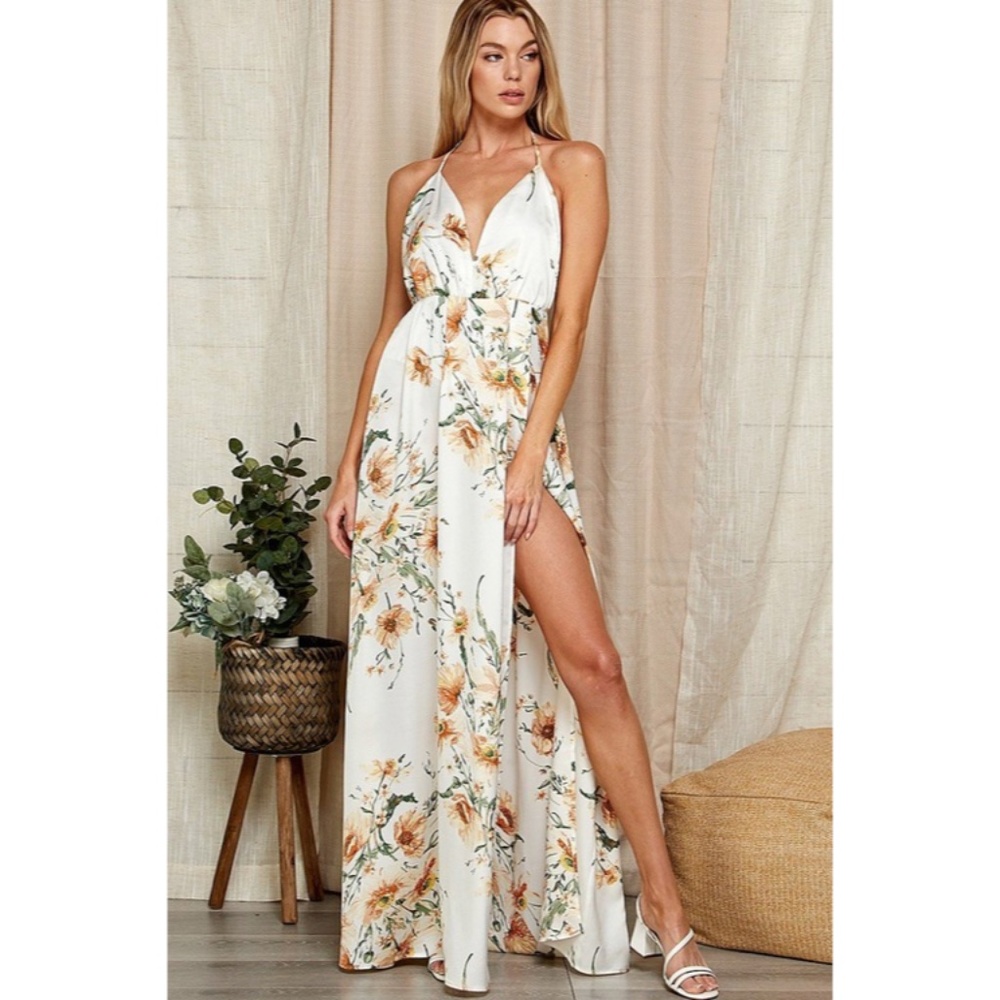 White Floral Print Halter Open Back Maxi Full Long Length Dress Gown W/ Slit - Picture 4 of 7